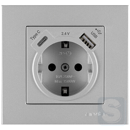 Розетка із заземленням та шторками USB-A + USB-C 5V-2.4A Arvia Electric KAREN Срібло (20 03 2000 301)